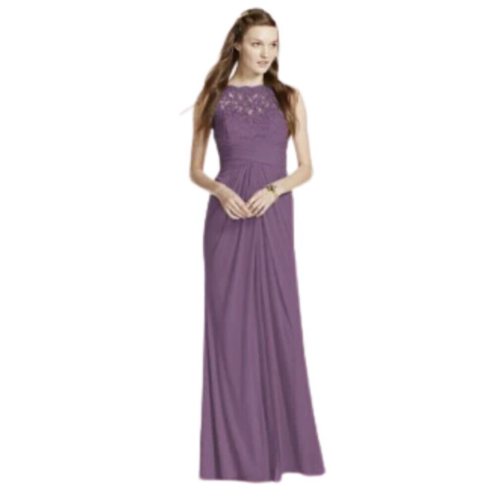 David's Bridal Sleeveless Mesh with Corded Lace Formal Maxi Dress In Plum Sz 8